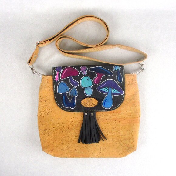Mushroom Purse Leather Cork Hand Painted Shoulder Crossbody Bag - Picture 2 of 9